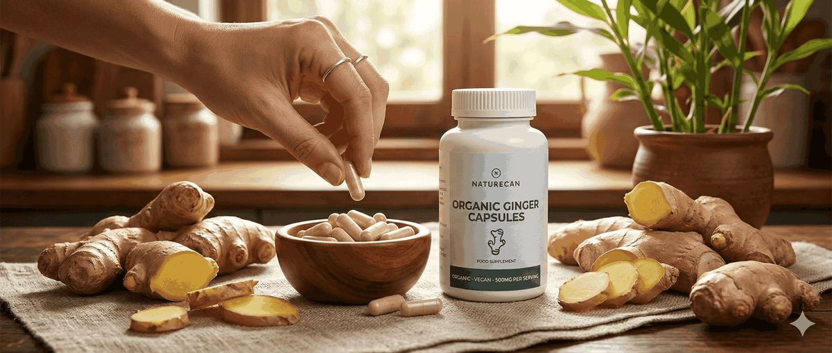 Frau nimmt eine Ingwer-Kapsel von Naturecan aus einer Schale 